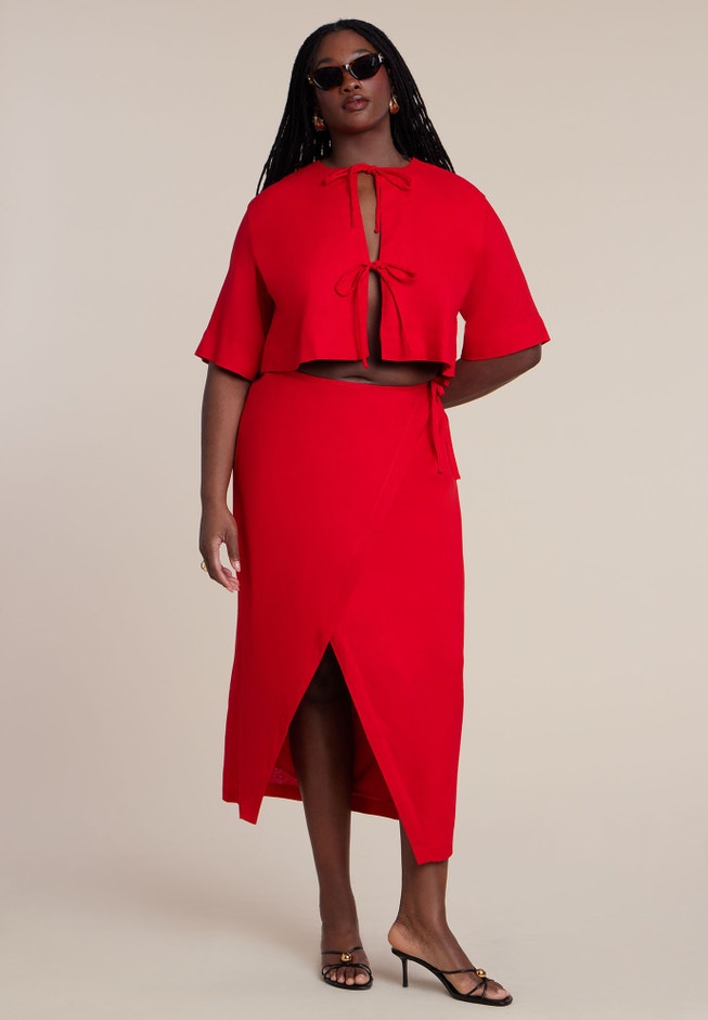 Plus Size Linen Blend Wrap Skirt
