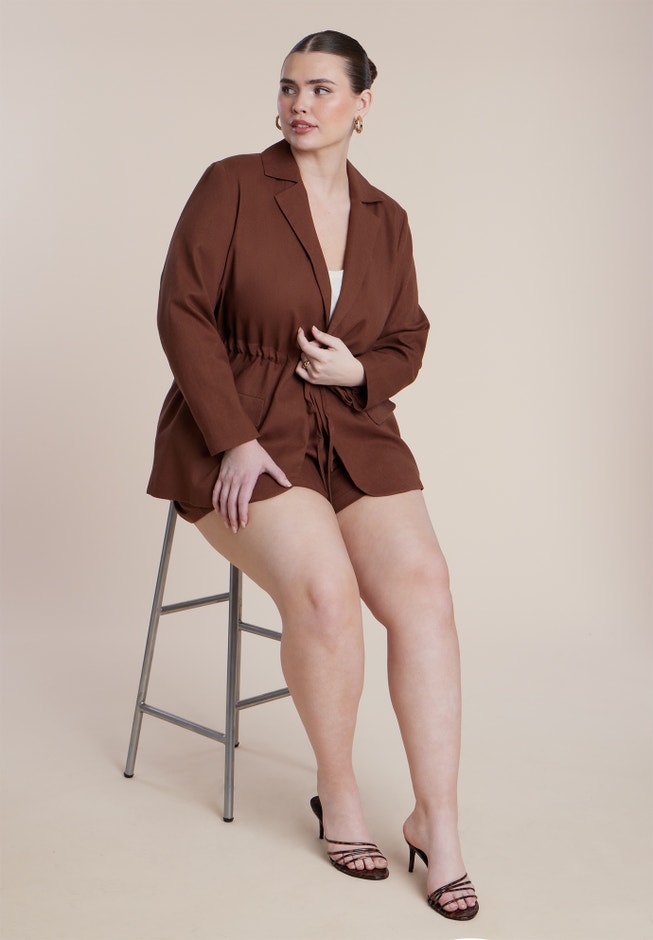 Drawstring Waist Plus Size Linen Blazer
