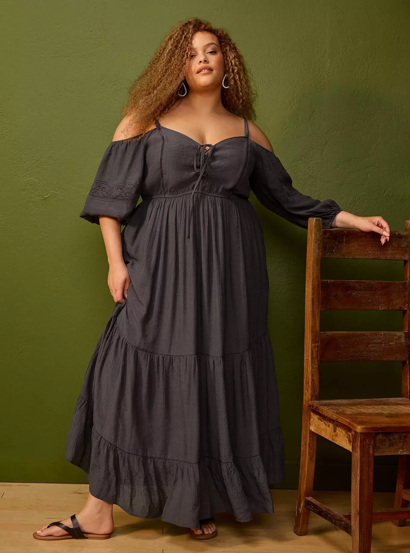 Festi Cold Shoulder Tiered Maxi Dress