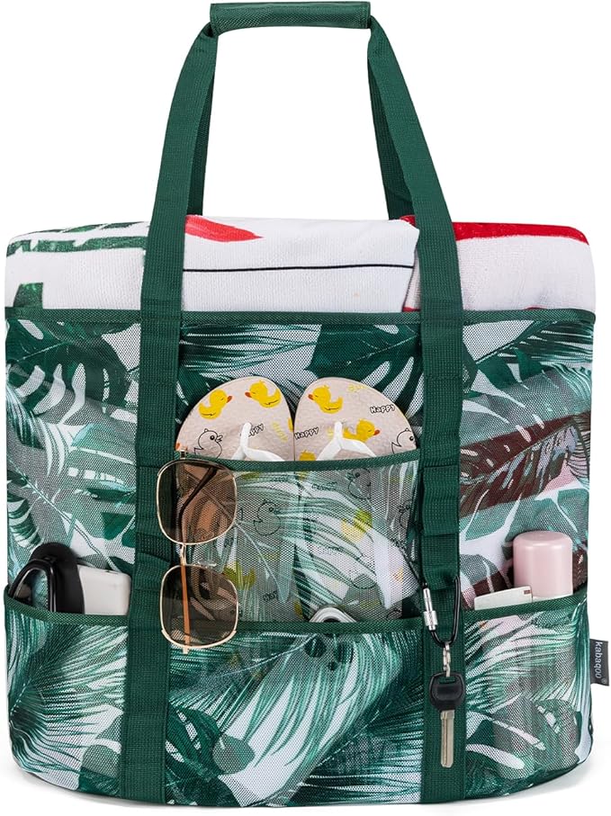 Image for KABAQOO Mesh Beach Bag, Extra Large Beach Bags with 9 Pockets & Zipper 