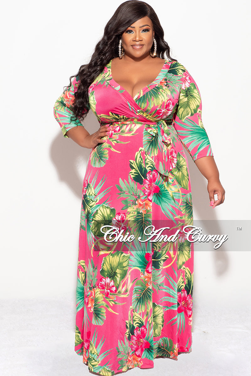 Image for Plus Size Faux Wrap Dress in Fuchsia Floral Print