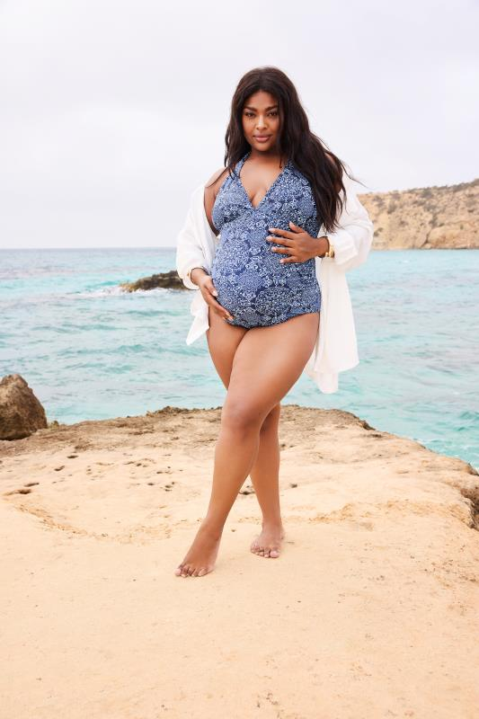 Plus Size Maternity Swimsuit BUMP IT UP MATERNITY Curve Blue Paisley Print Halter Neck Swimsuit