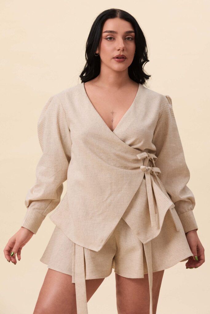 Strong Poison wrap shirt in textured beige
