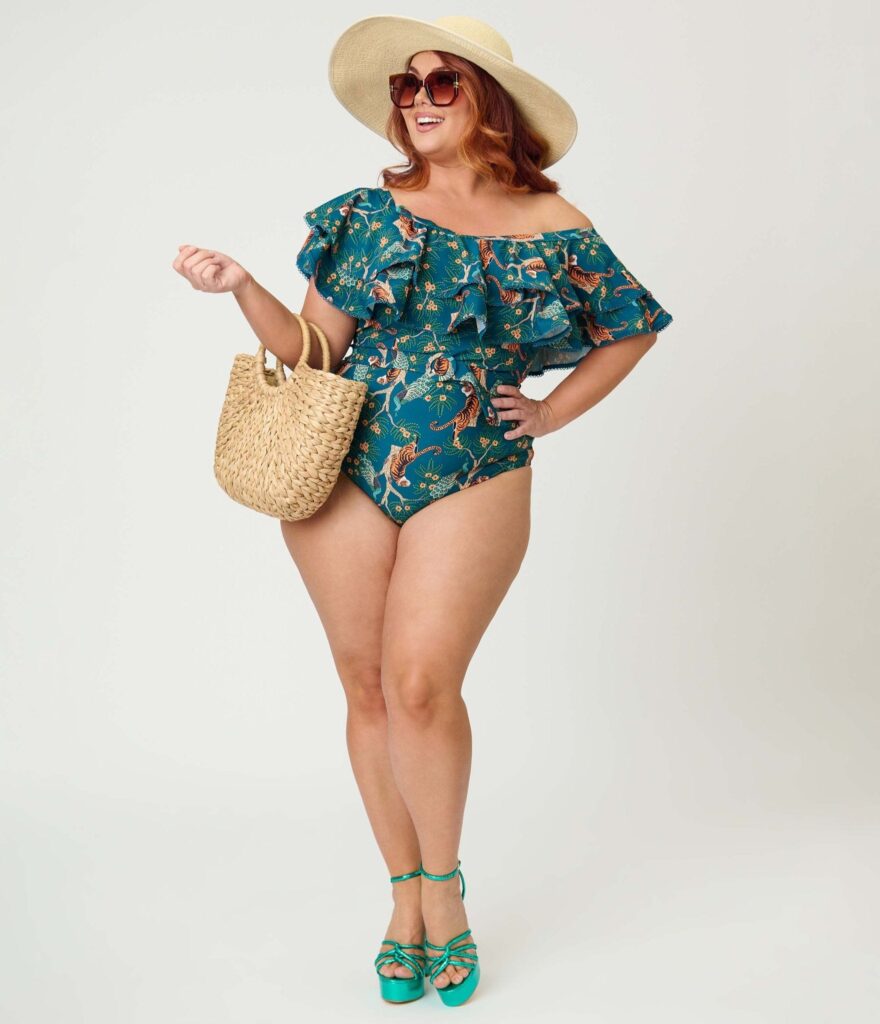 Unique Vintage Plus Size Green Tiger Print Off Shoulder Nantucket Swimsuit by Unique Vintage - Plus Size One Piece Swimsuit