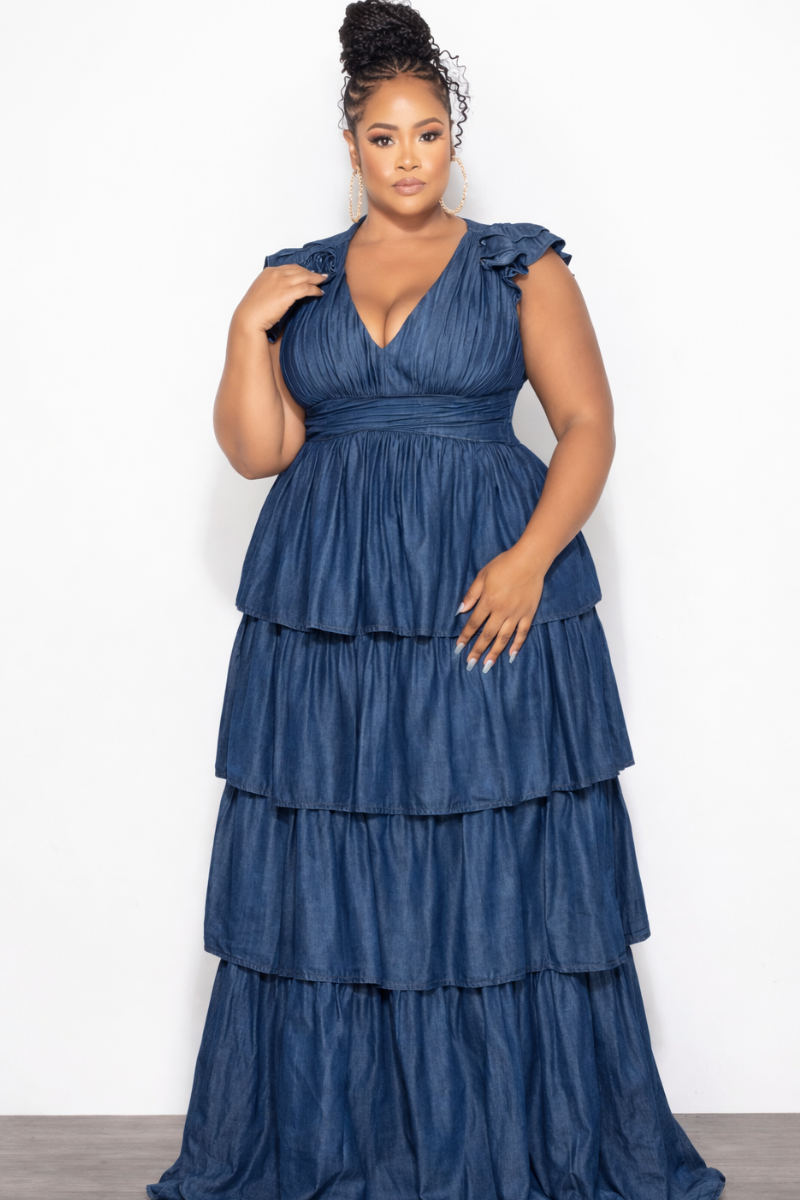 Plus Size Multi Layered Ruffle Chambray Dress in Dark Denim