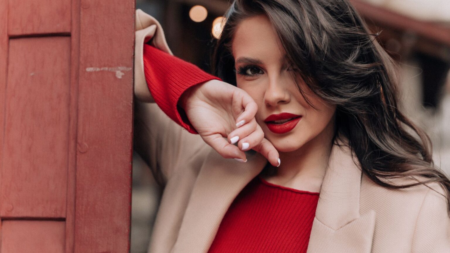 Camel jacket and red outfit