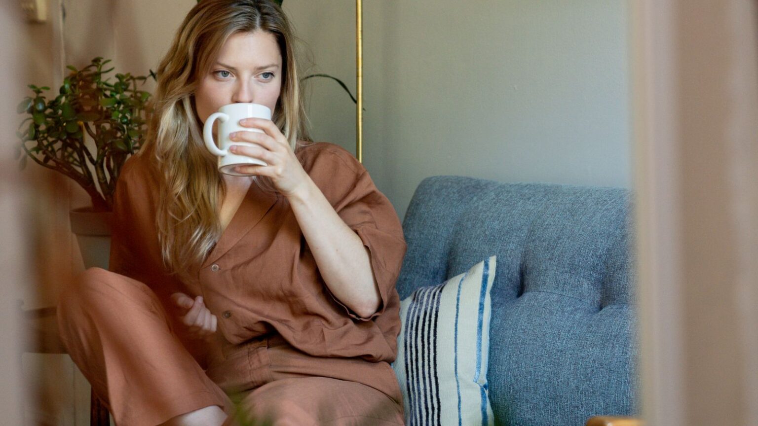 Woman wearing linen matching set