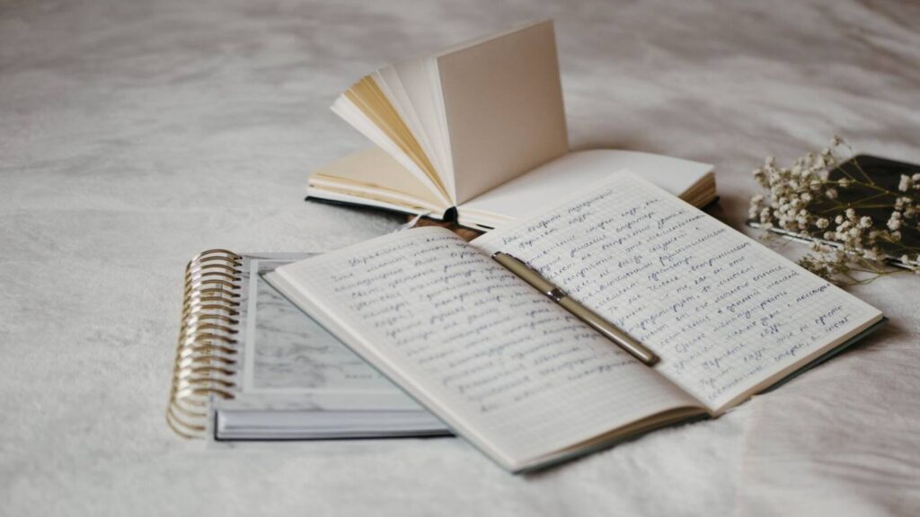 an open notebook with pen 5546879