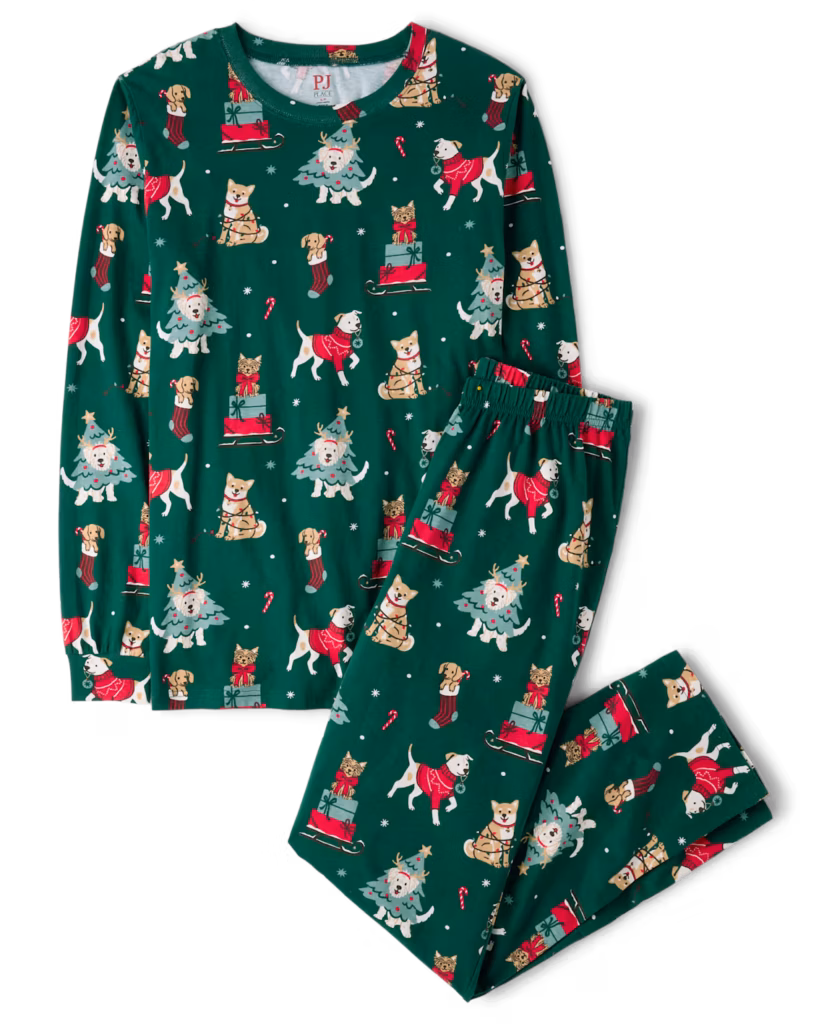 Adult Matching Family Christmas Dogs Cotton Pajamas - green