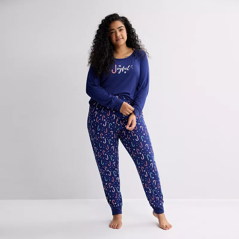 Plus Size Jammies For Your Families® Blue Candy Cane Graphic Pajama Top & Pajama Bottoms Set